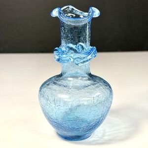 VTG Bohemian Crackle Glass Bud Vase Blue Applied Swirl Ring Hand Blown MCM 4.75"